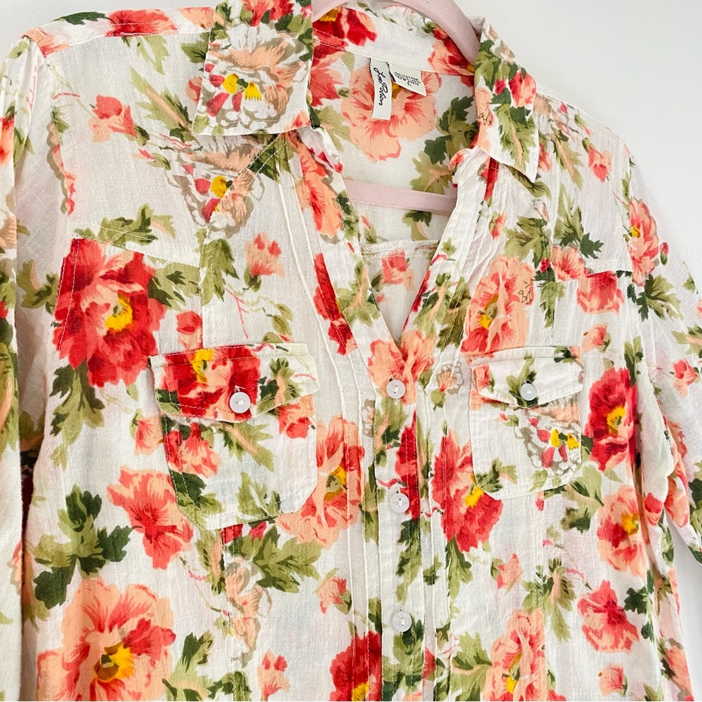 Love Potion Floral Lightweight Button-Up Blouse Fall Vibrant Coral Green Pintuck - Picture 8 of 8